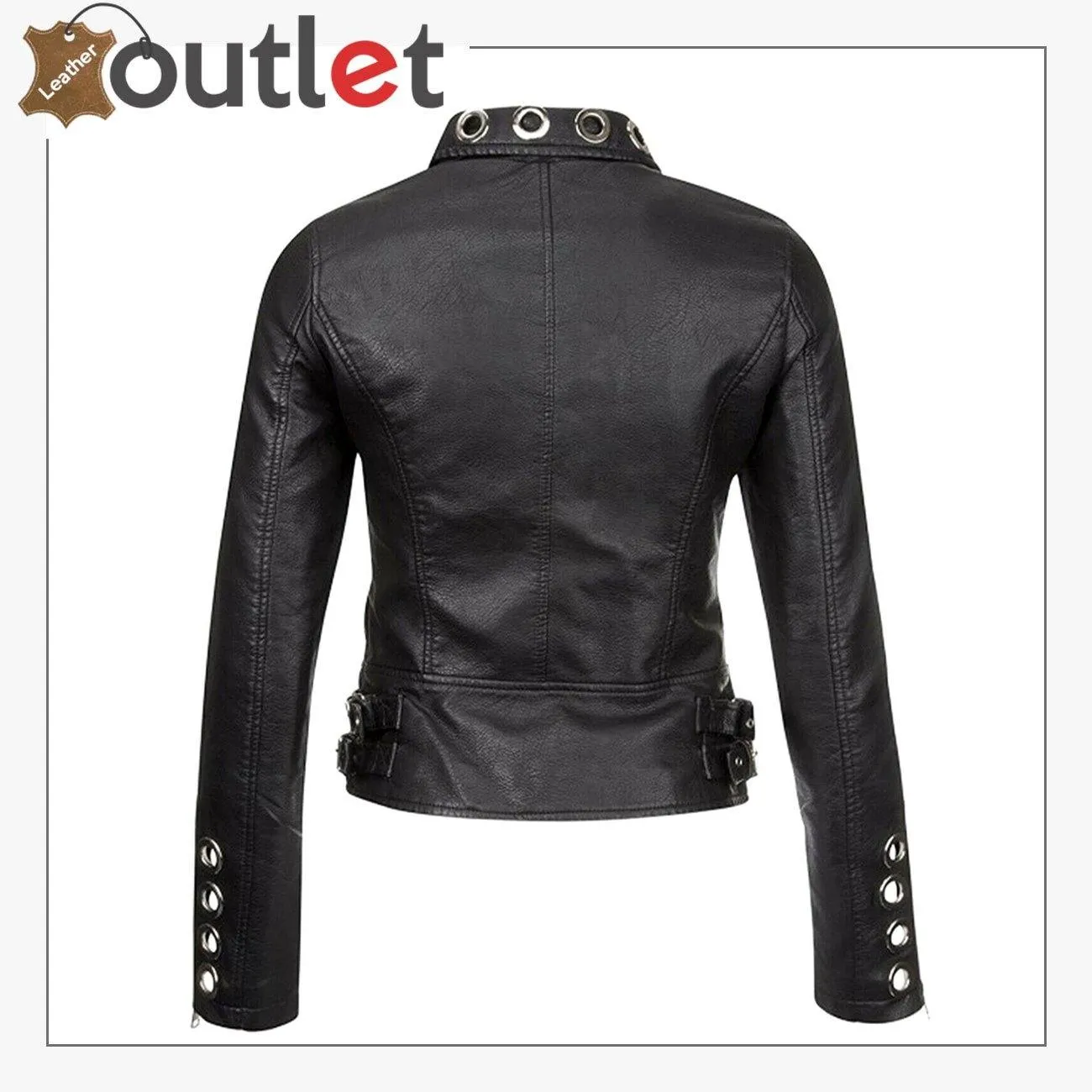 Womens Real Black Leather Studded Eyelet Jacket