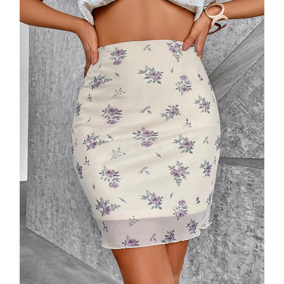 Women's Short Floral Print Split A Line Skirt