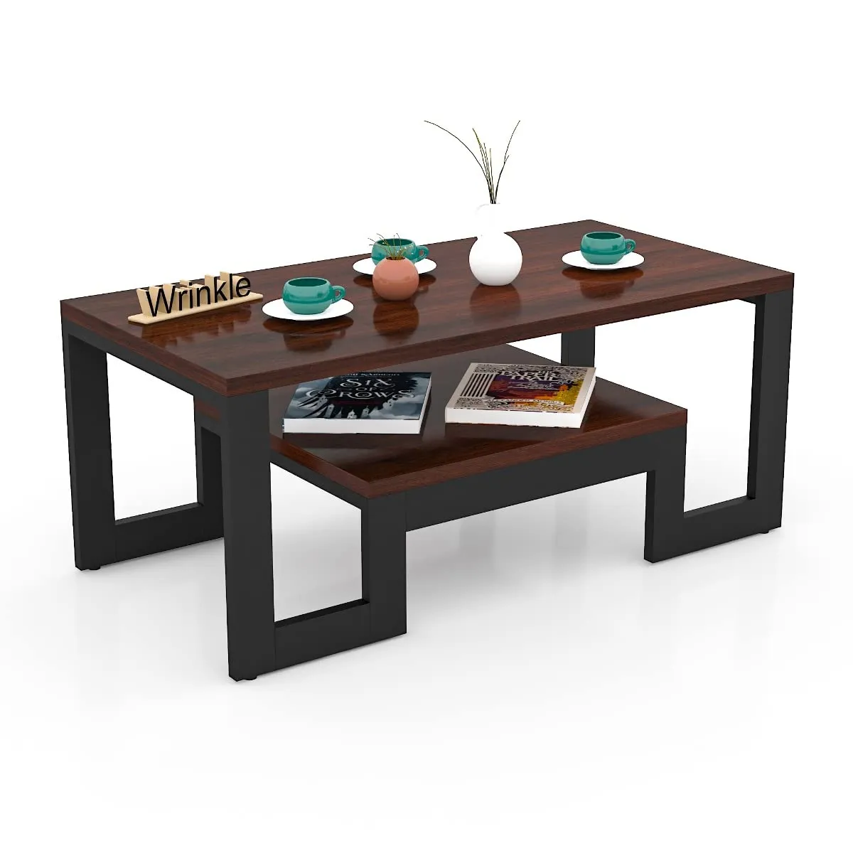 Wrinkle Solid Wooden and Iron Frame Brown Centre Coffee Table with Storage, Coffee Table for Living Room, Home and Office