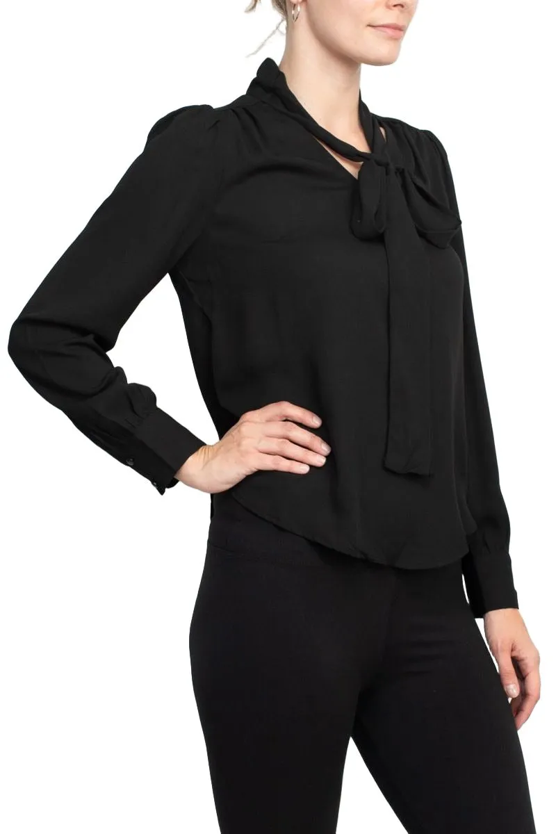 Zac & Rachel Tie Neck Long Sleeve Solid Crepe Chiffon Top