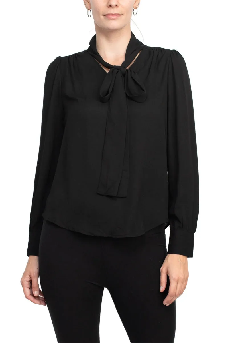 Zac & Rachel Tie Neck Long Sleeve Solid Crepe Chiffon Top