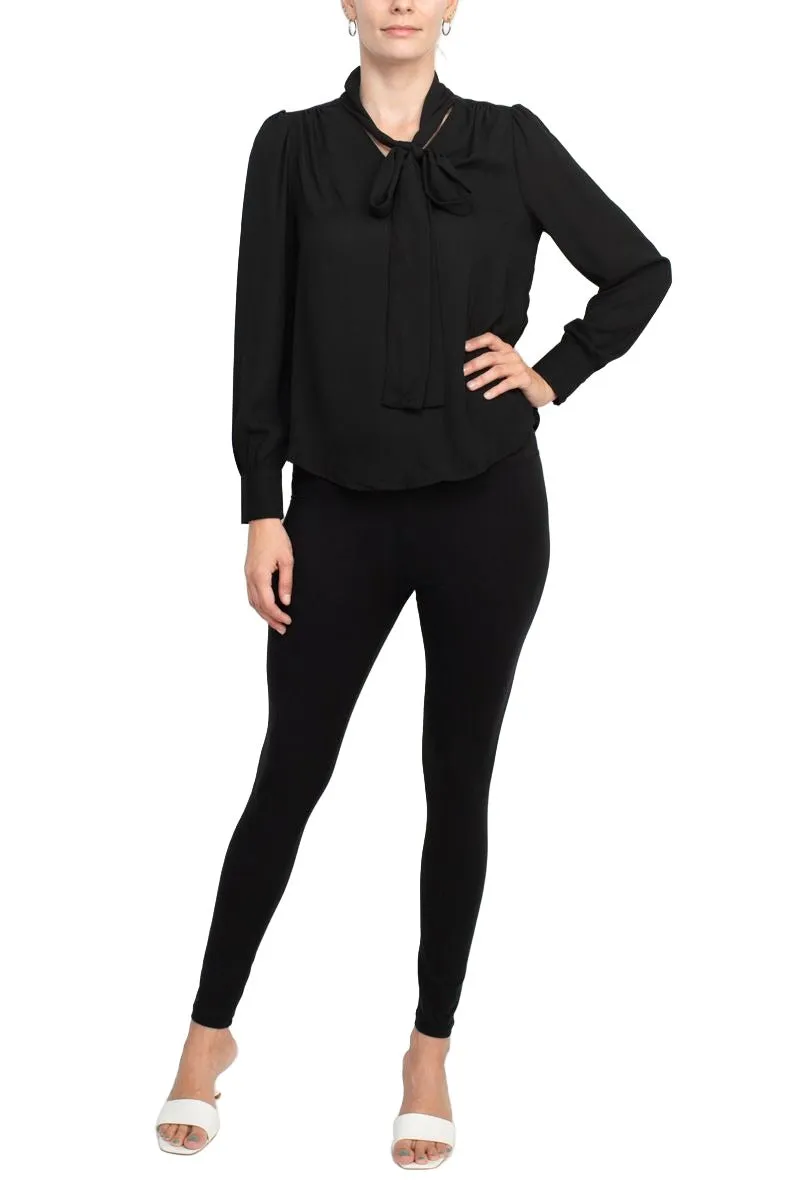 Zac & Rachel Tie Neck Long Sleeve Solid Crepe Chiffon Top