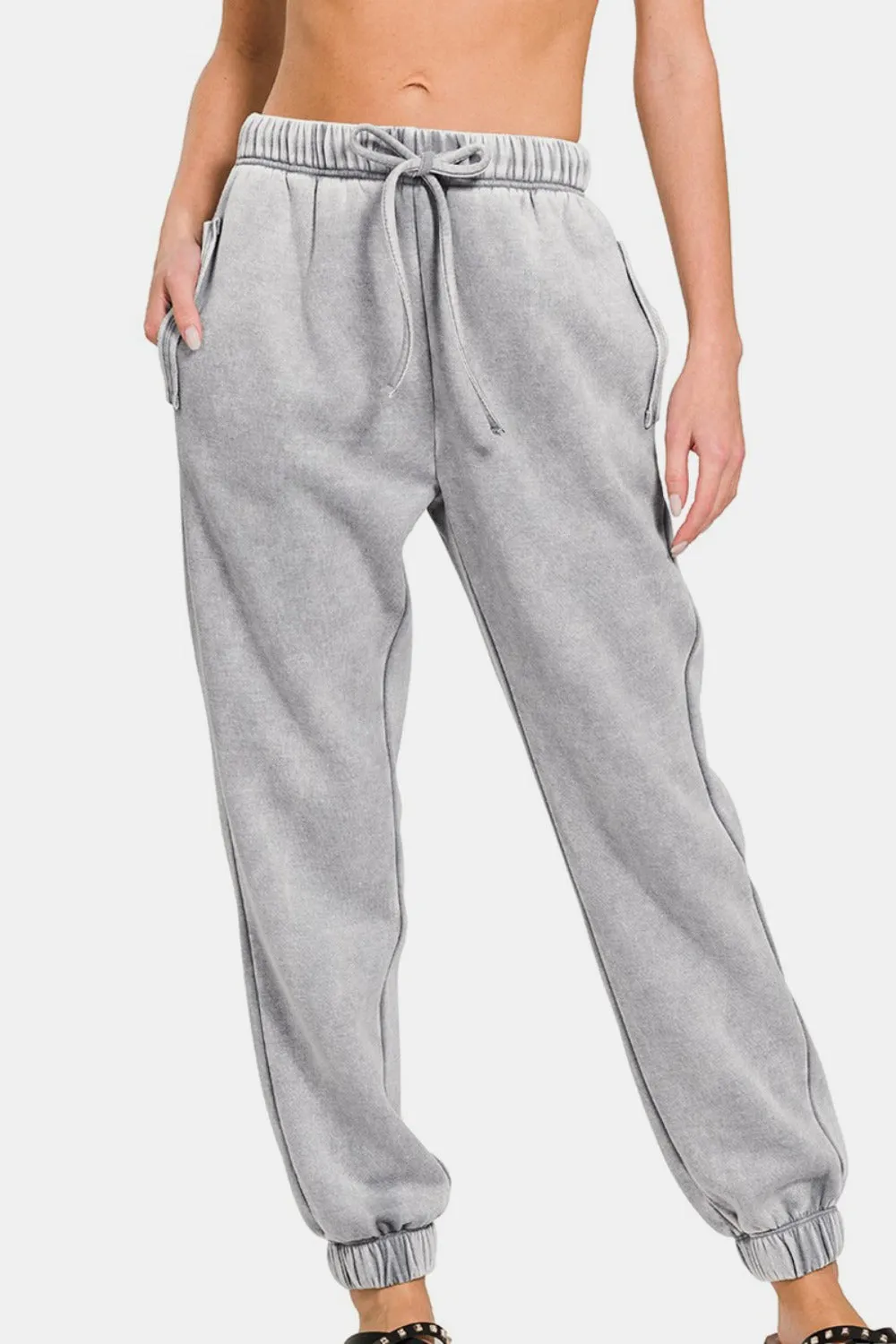 Zenana Full Size Acid Wash Fleece Drawstring Sweatpants with Pockets